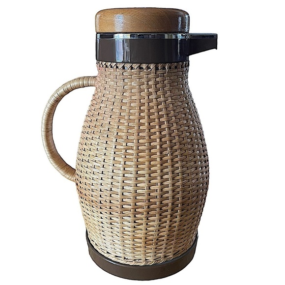MCM Vintage Corning Designs Wicker Wrapped Thermal Carafe Coffee Thermos - Picture 2 of 9